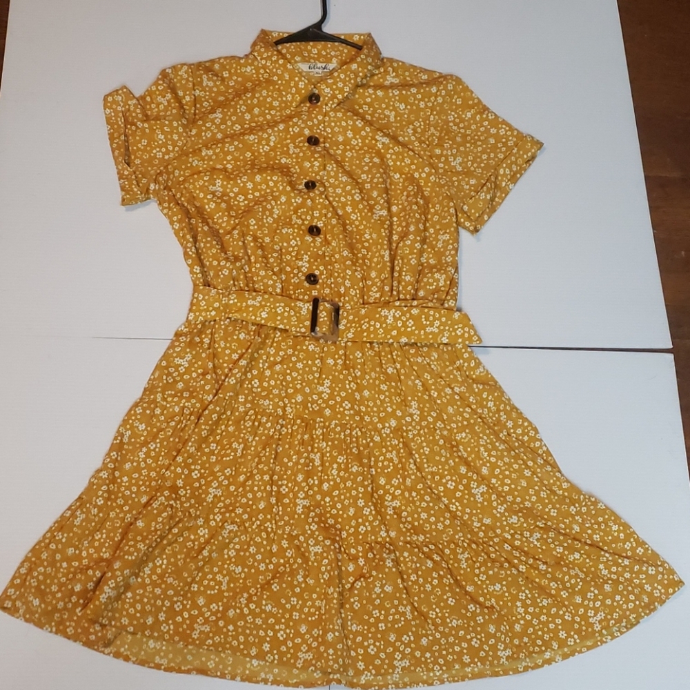 Yellow floral sun dress with matching waist belt